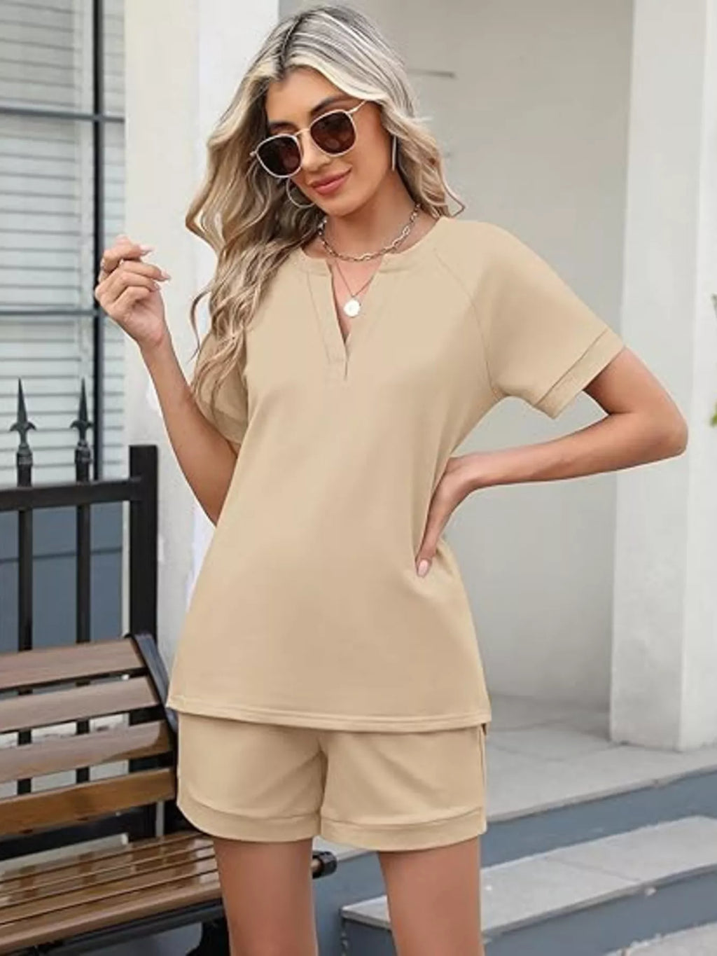 Solid Color Short Sleeve Top and Shorts Two-Piece Set