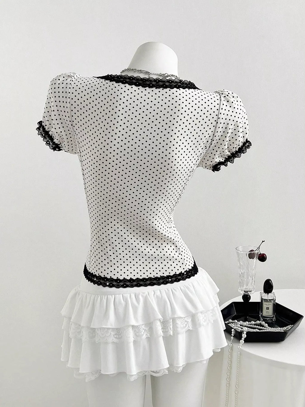 Polka Dot Lace Trim Puff Sleeve Top