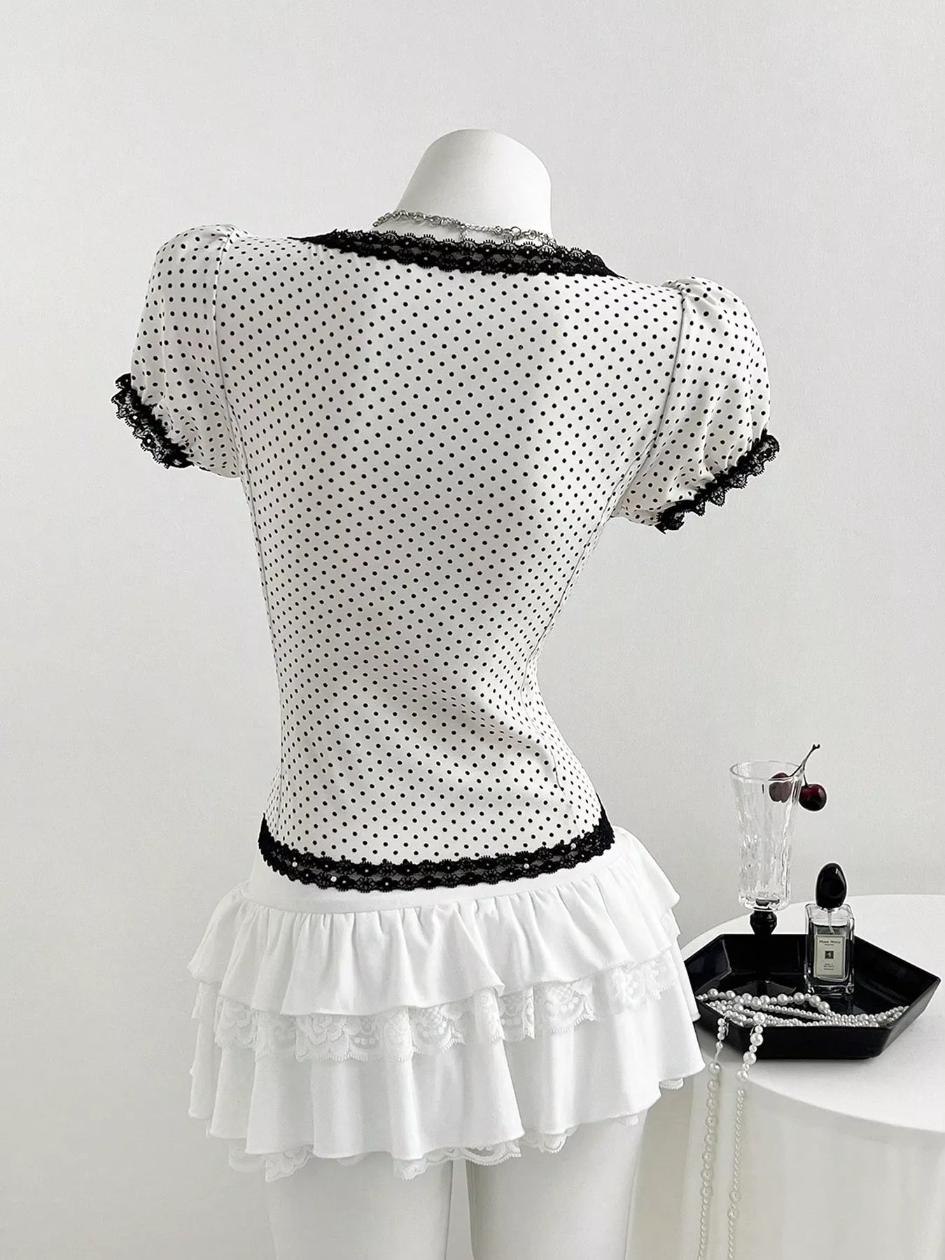 Polka Dot Lace Trim Puff Sleeve Top