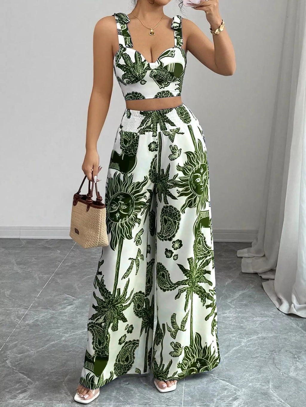 Floral Print Crop Top and Wide Leg Pants Set