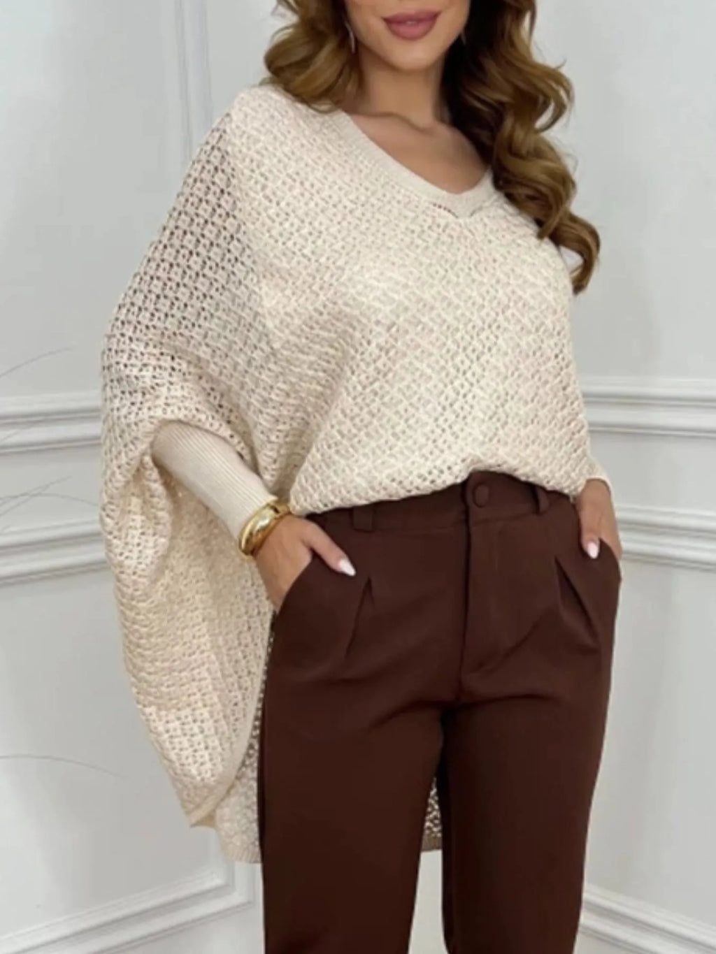 Crochet V-Neck Batwing Sleeves Oversized Sweater