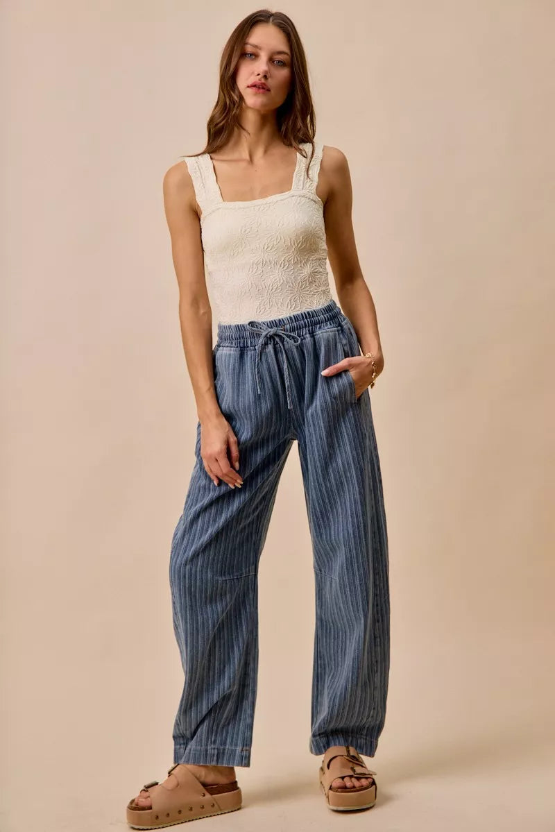 SO ME Stripe Denim Barrel Jeans Drawstring Waistband