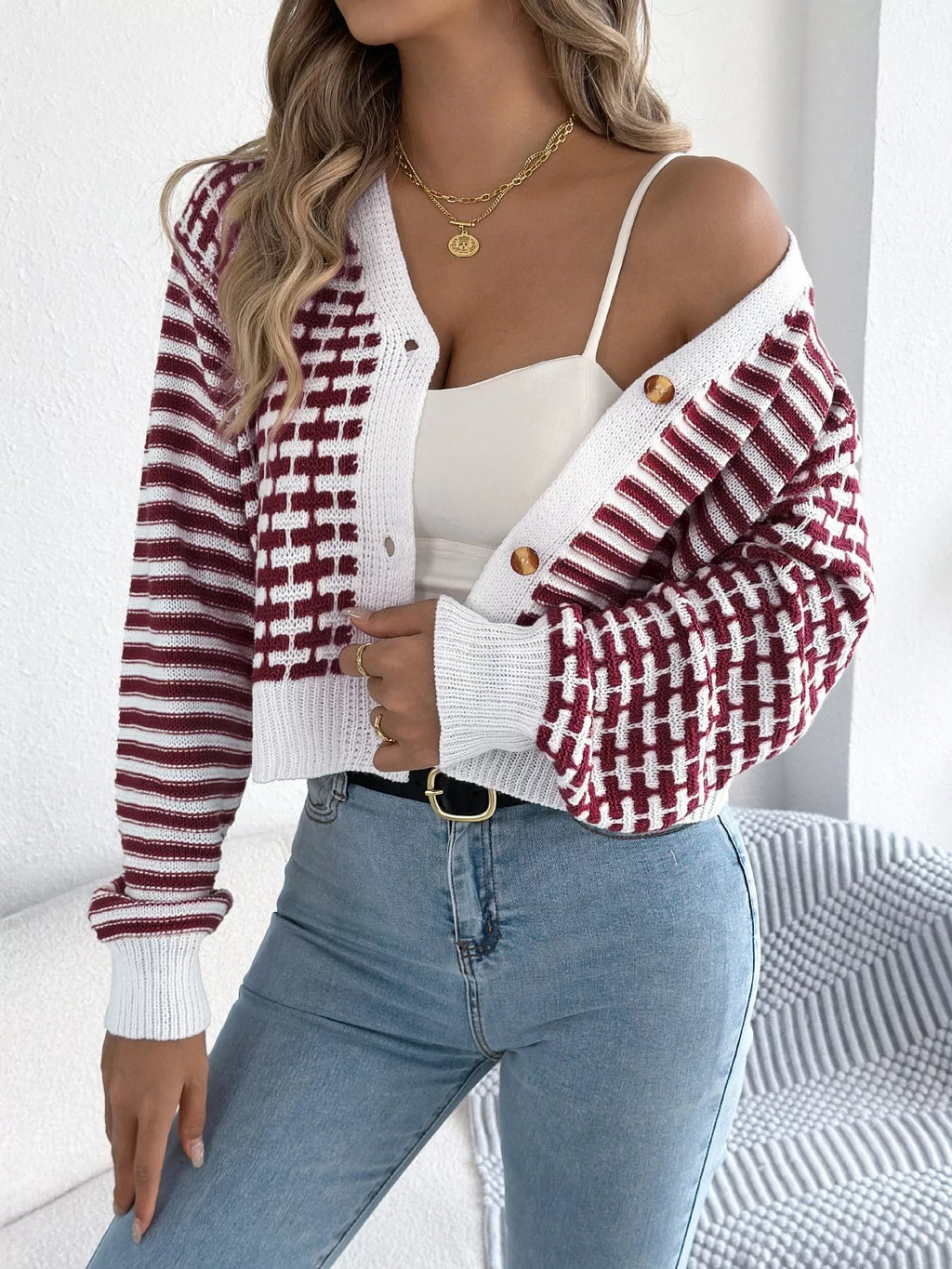 Striped Button-Up Cropped Cardigan