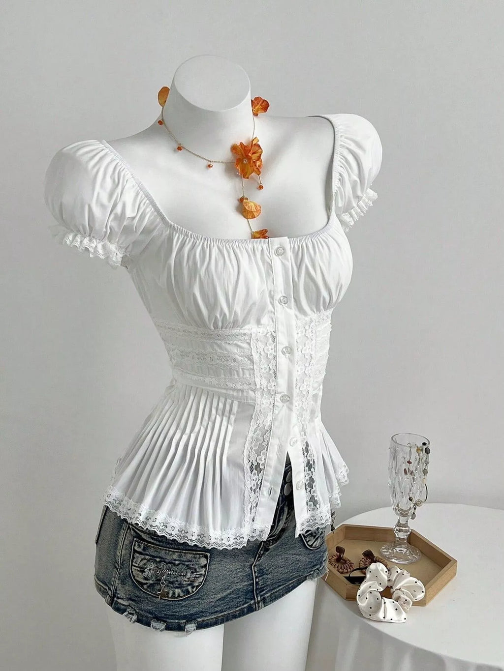 Lace Button Up Short Sleeve Shirt