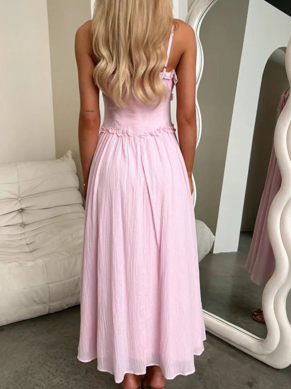 Ruffled Trimmed Spaghetti Strap Midi Dress