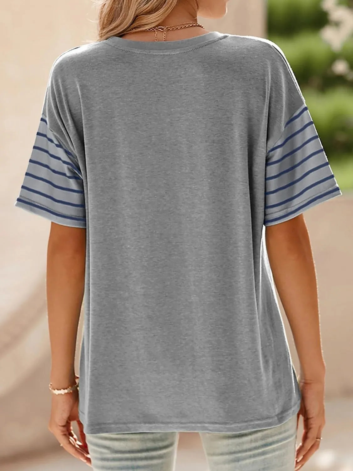 Color Block Striped Sleeve Casual T-Shirt
