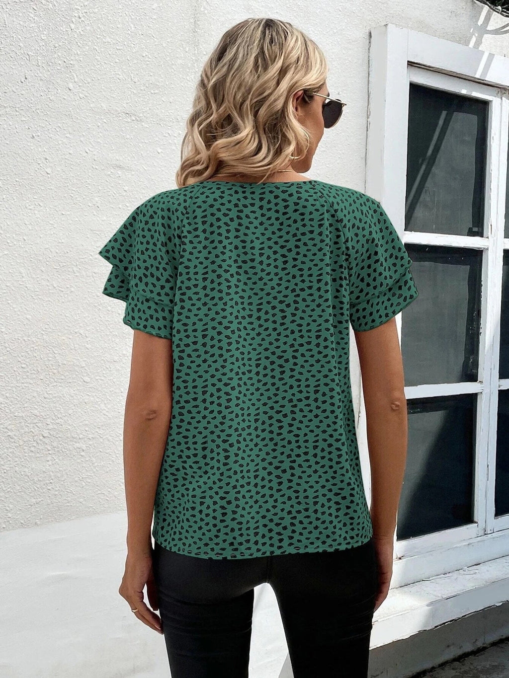 Animal Print Ruffle Sleeve Blouse