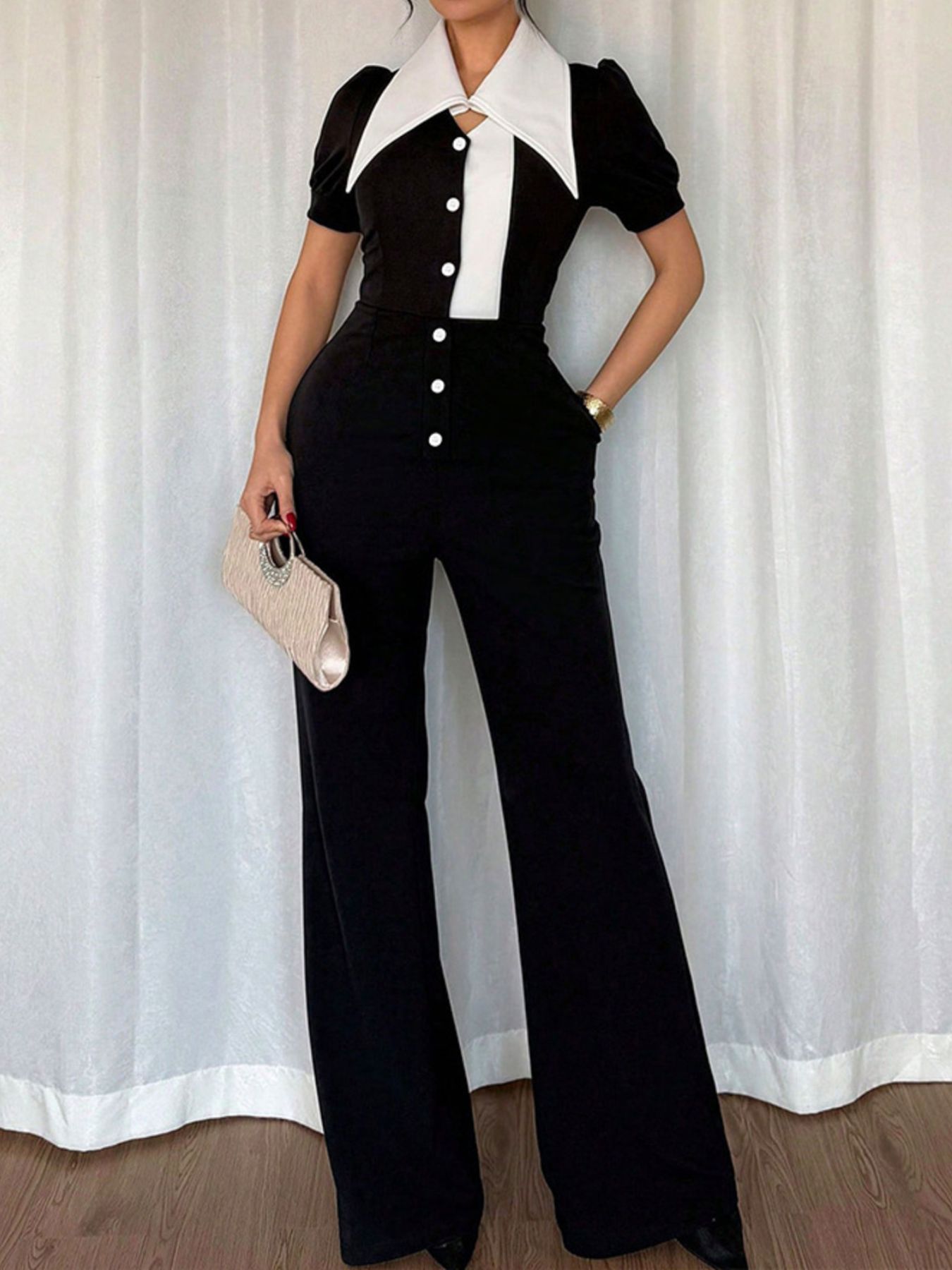 Contrast Button-Down Wide Leg Jumpsuit
