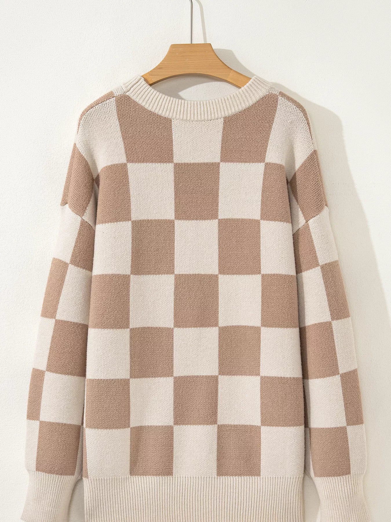 Checkered Pattern Ribbed Trim Knit Baggy Sweater