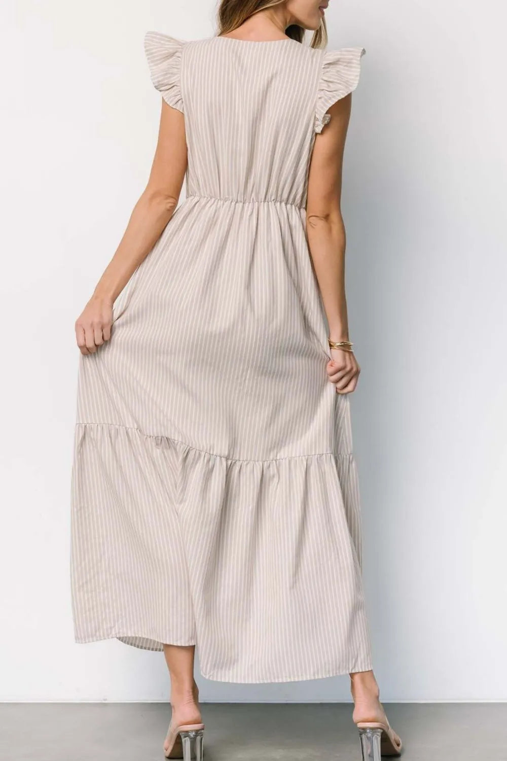 Slit Striped V-Neck Ruffled Cap Sleeve Dress
