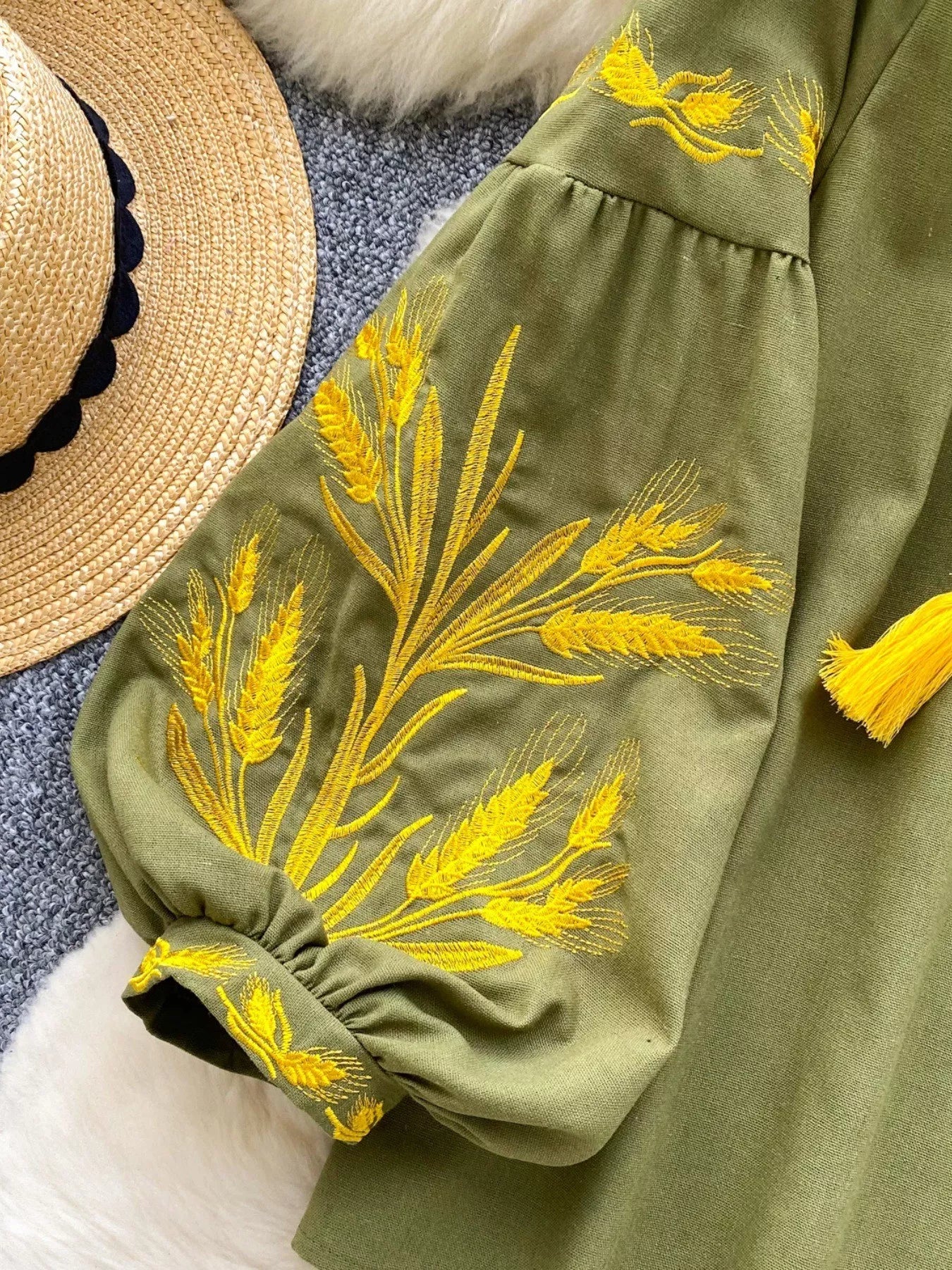 Embroidered Wheat Pattern Tie Neck Blouse