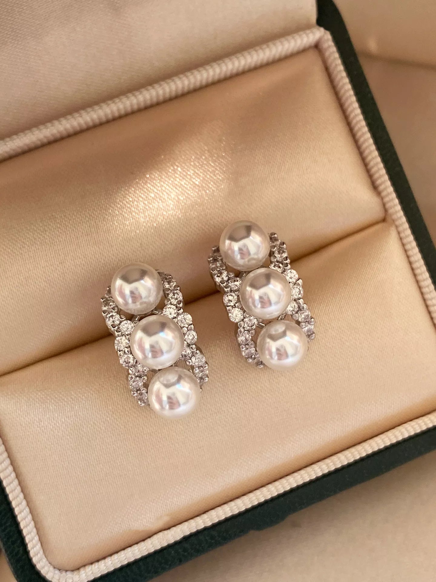 Zircon Triple Pearl Drop Earrings