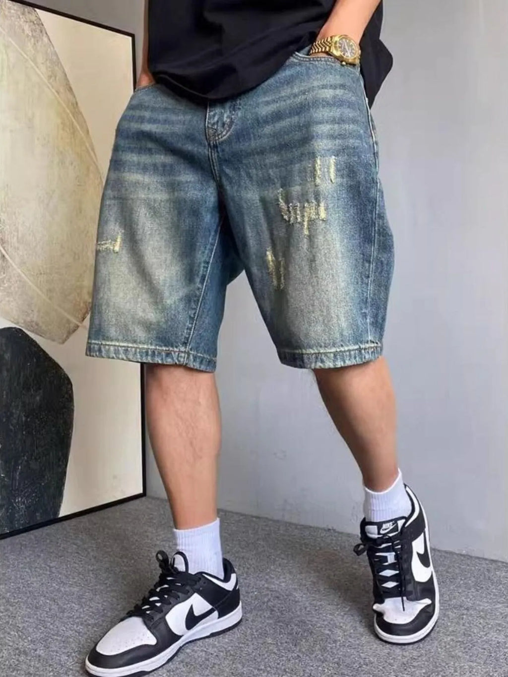 Men's Vintage Washed Distressed Denim Shorts