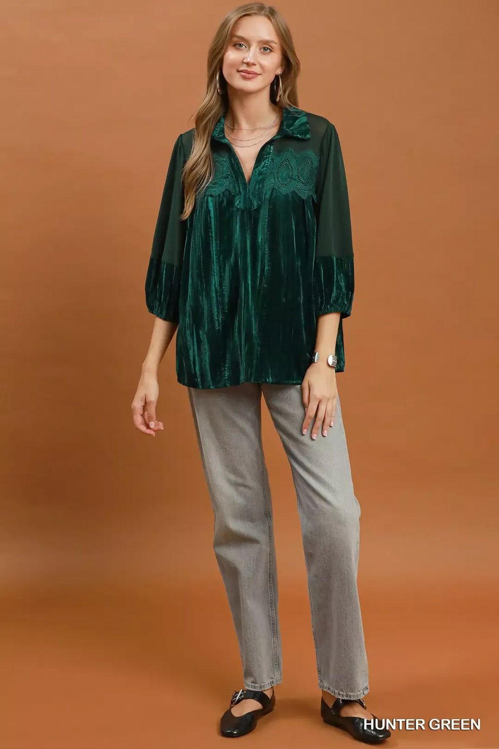 Umgee Velvet Lace Detail Mixed Fabric Blouse