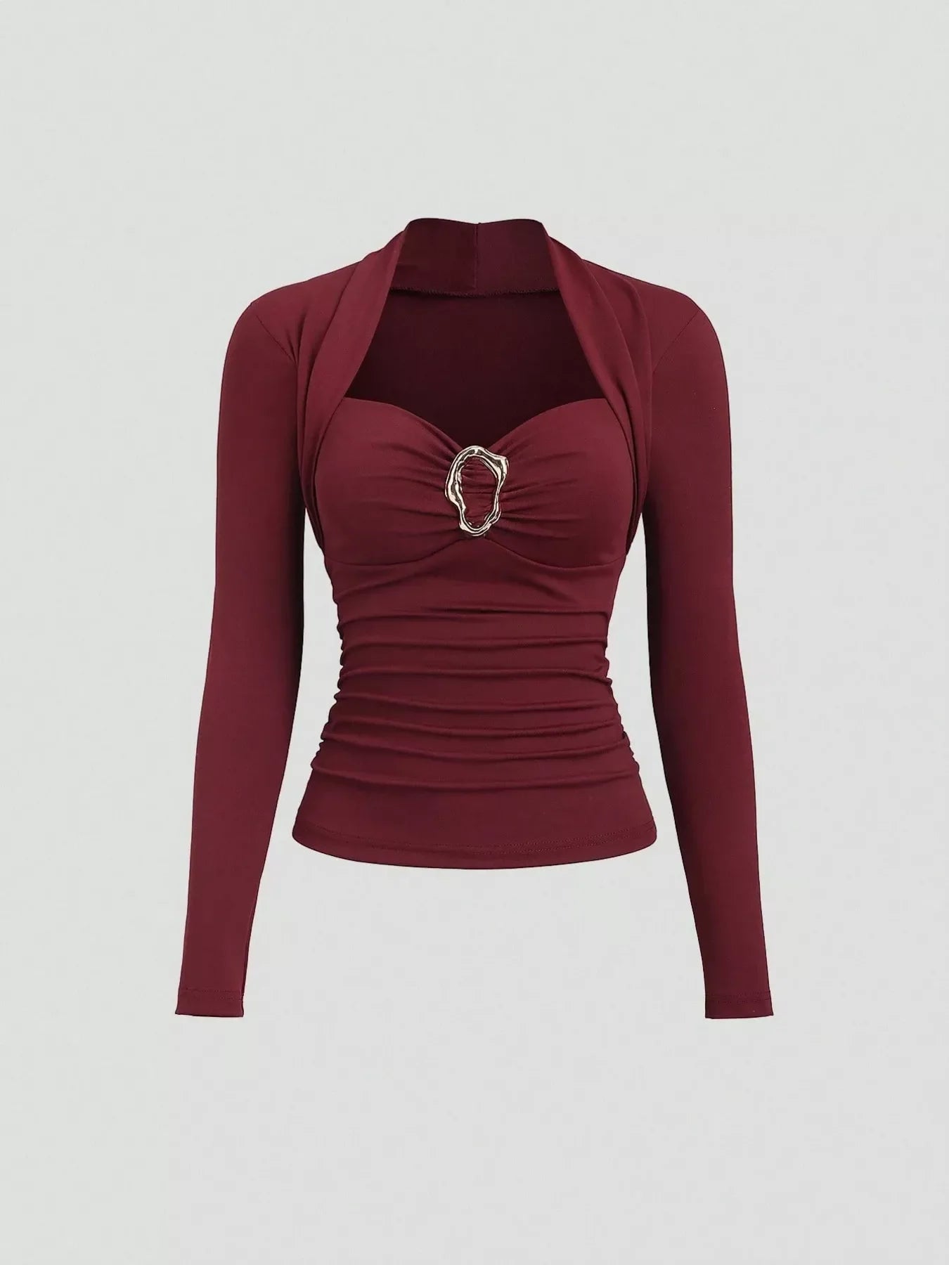 Elegant Ruched Long Sleeve Top with Buckle Detail
