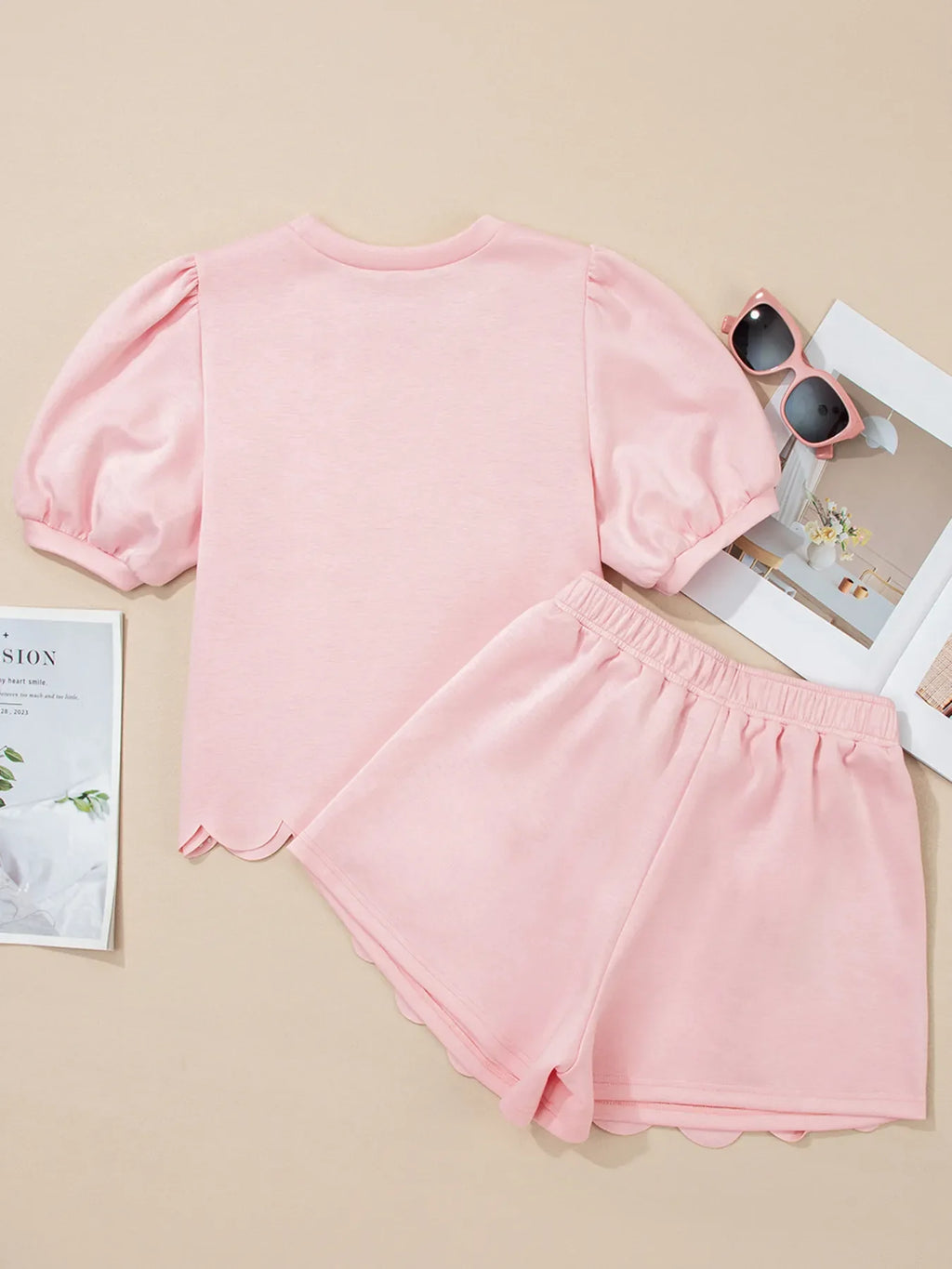 Puff Sleeve Pearl Embellished Scallop Trim Top and Skort Set