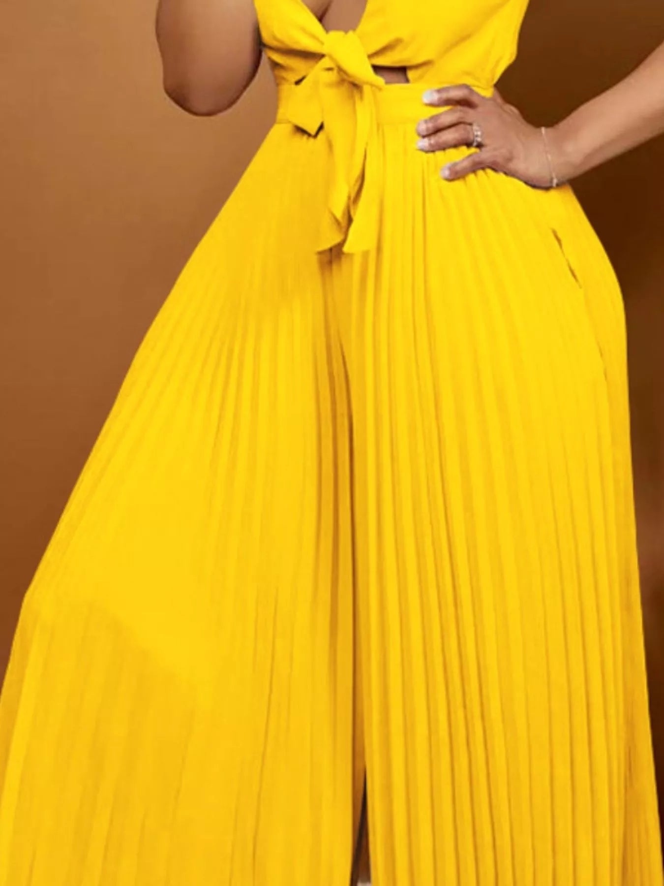 Full Size Tie Front Pleated Wide Leg Jumpsuit Plus Size