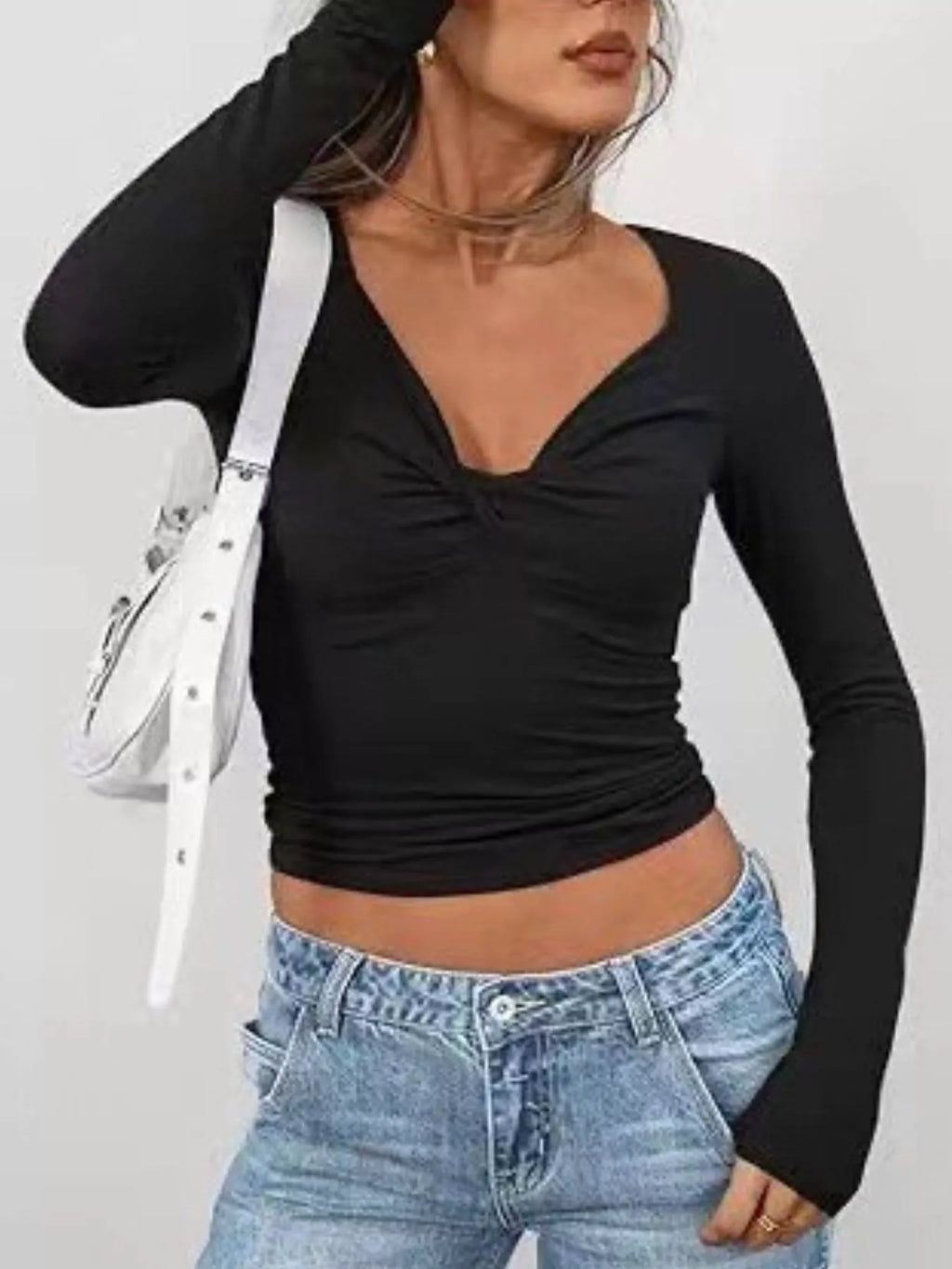 Twist Front Long Sleeve Fitted T-Shirt