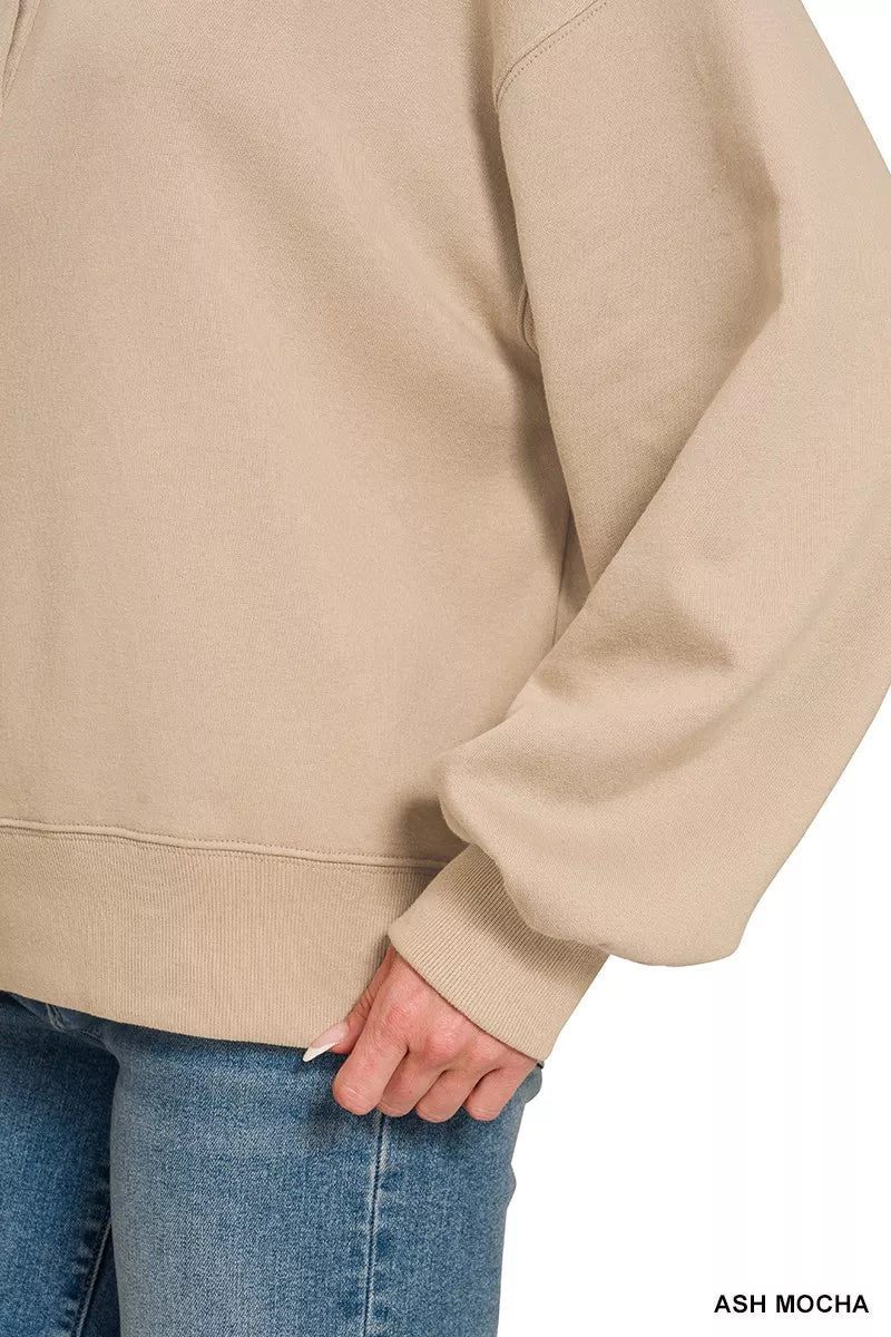 Zenana Fleece Half Snap Button Sweatshirt