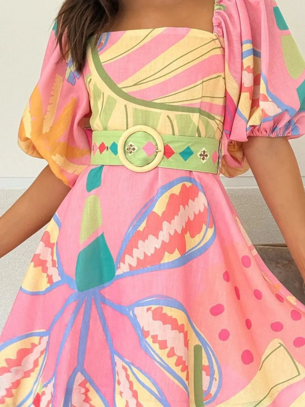 Printed Square Neck Puff Sleeve Dress