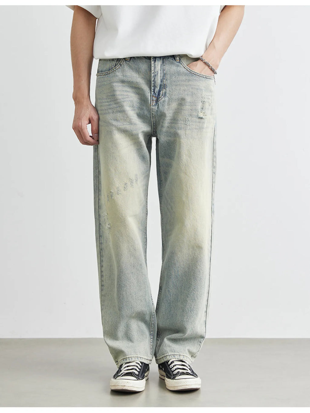 Men's Distressed Wash Wide Leg Jeans