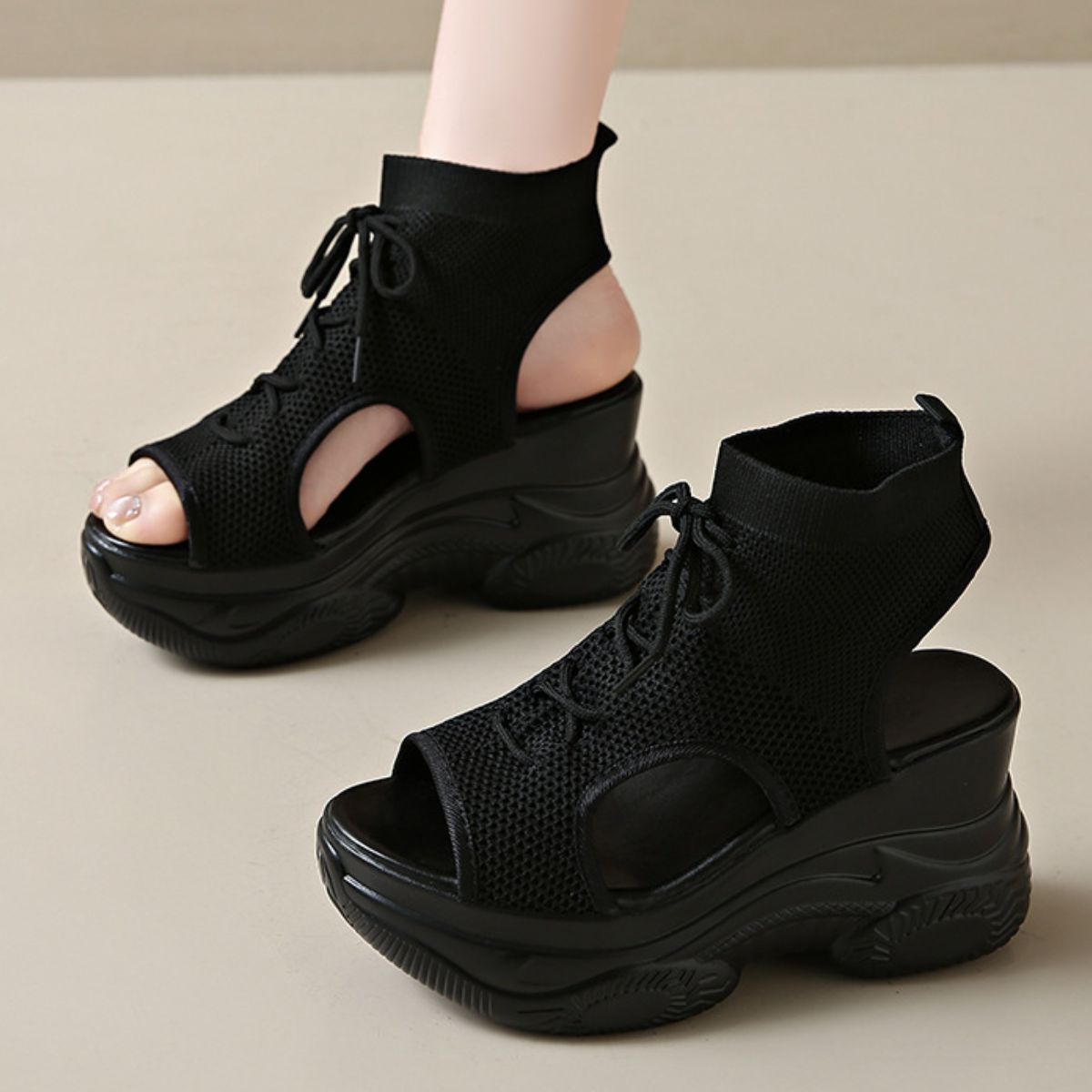Cutout Mesh Wedge Sandals