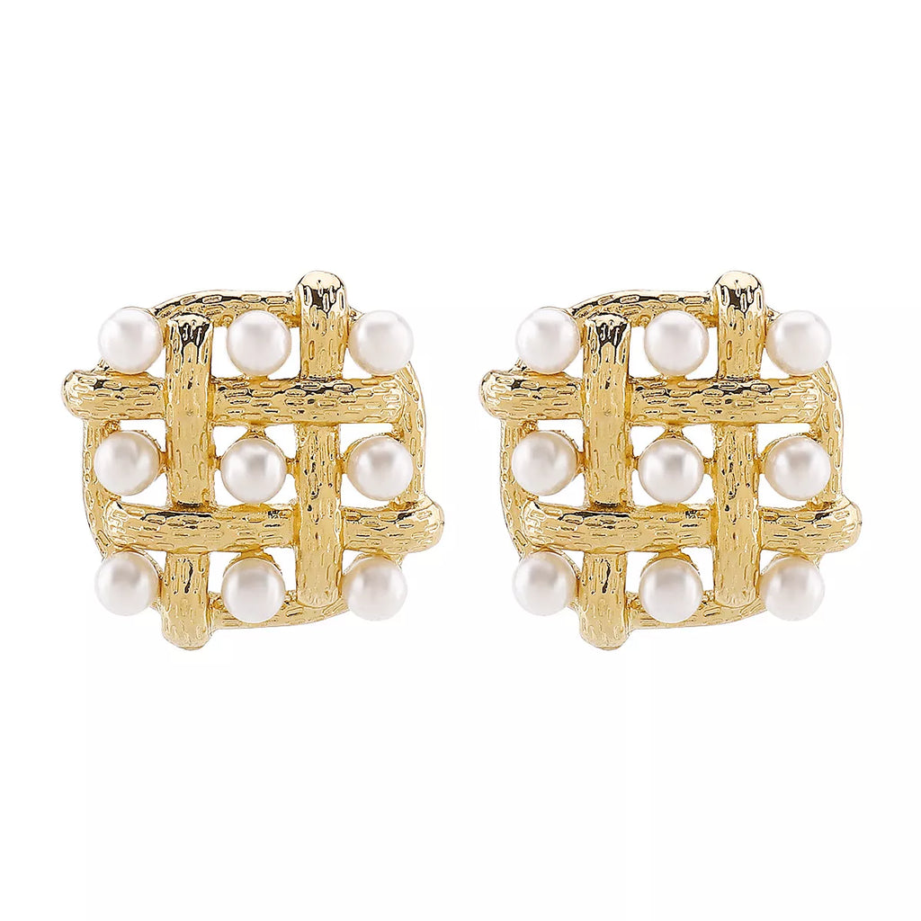 Pearl Grid Square Stud Earrings