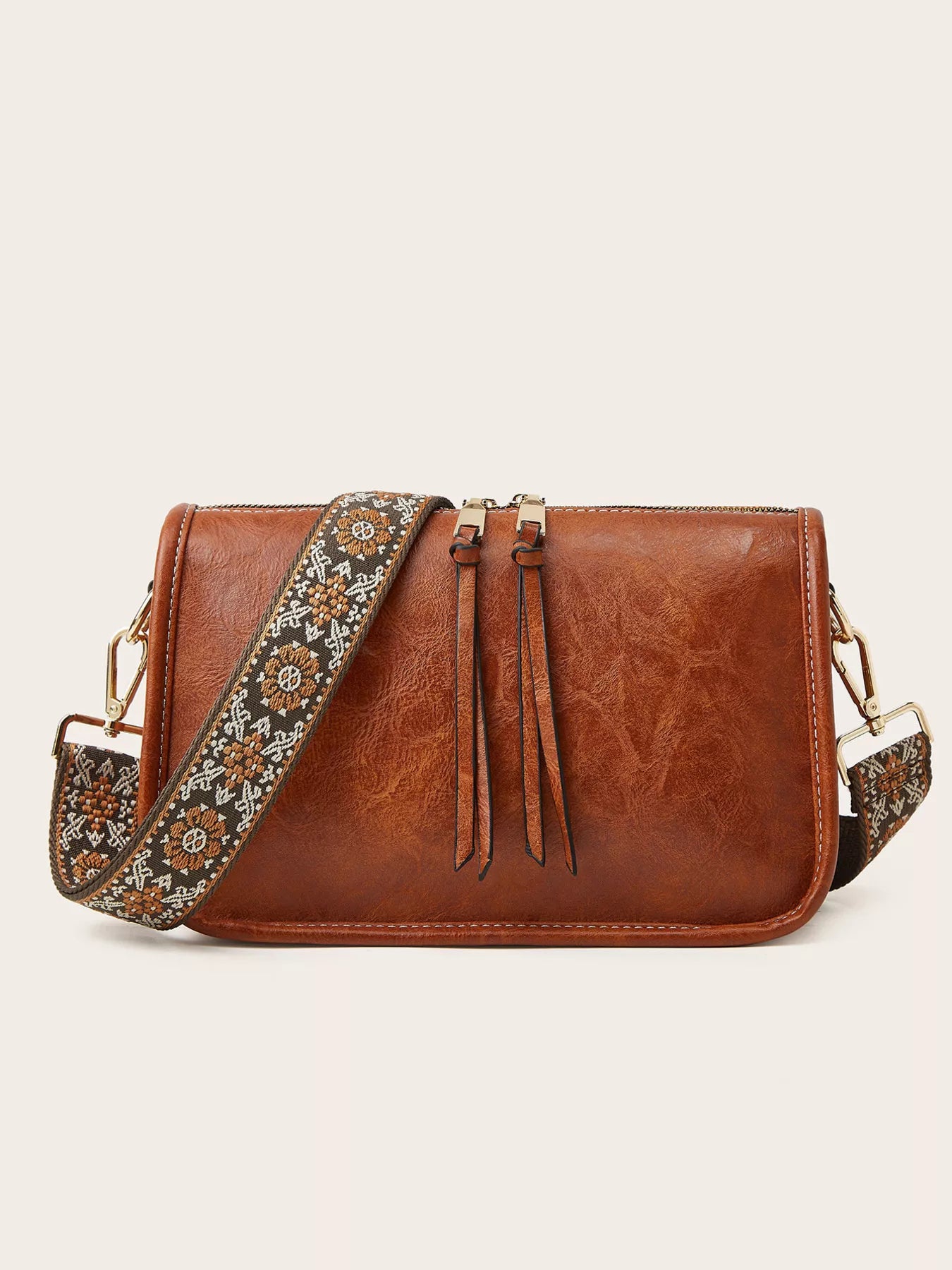 Vintage Style Patterned Strap Crossbody Bag
