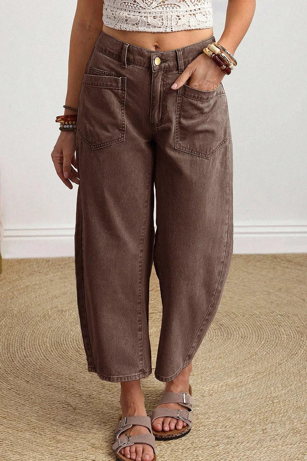 Solid Color Square Patch Pocket Ankle-length Barrel Jeans