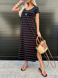 Slit Casual Striped Midi T-Shirt Dress
