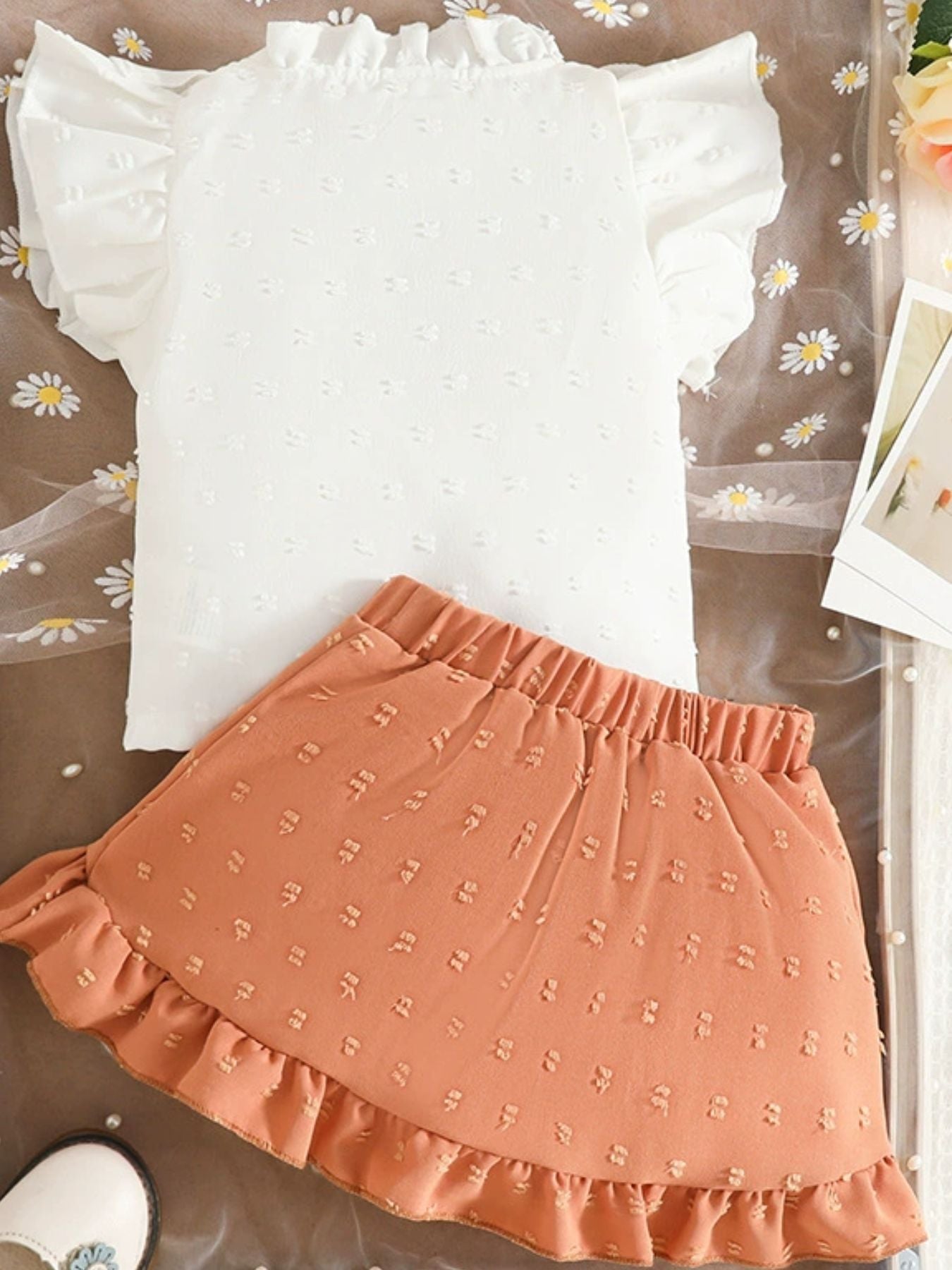 Children's Ruffled Trim Bowknot Blouse & Ruffle Hem Skirt Set