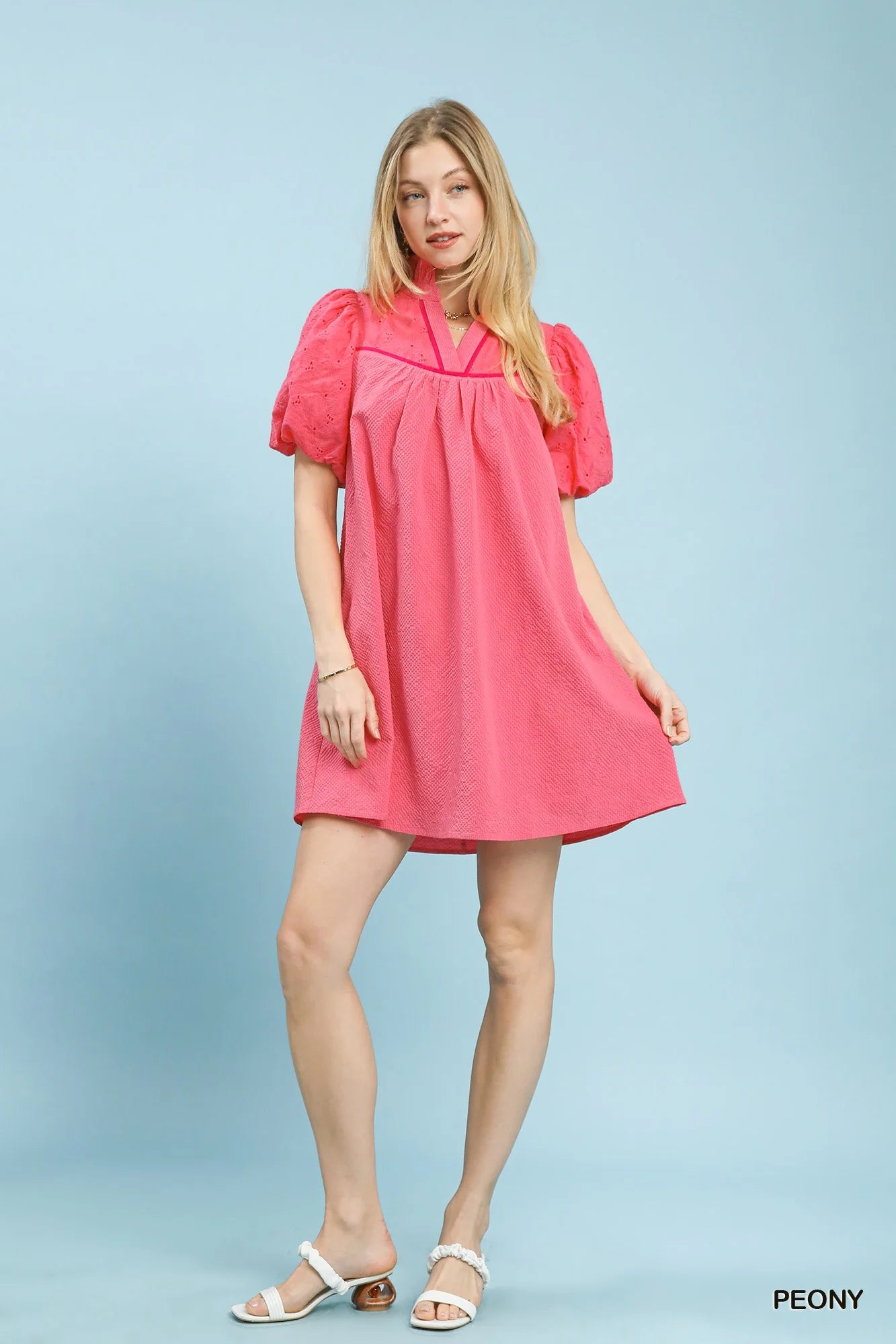 Umgee Puff Sleeve Textured Babydoll Dress