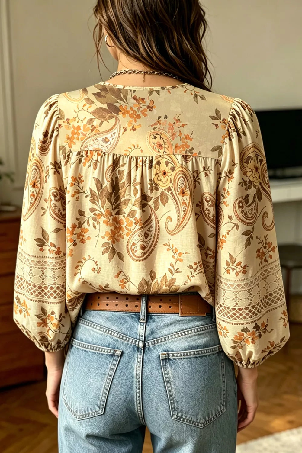 Paisley Print Decorative Binding Tape V Neck Shift Blouse