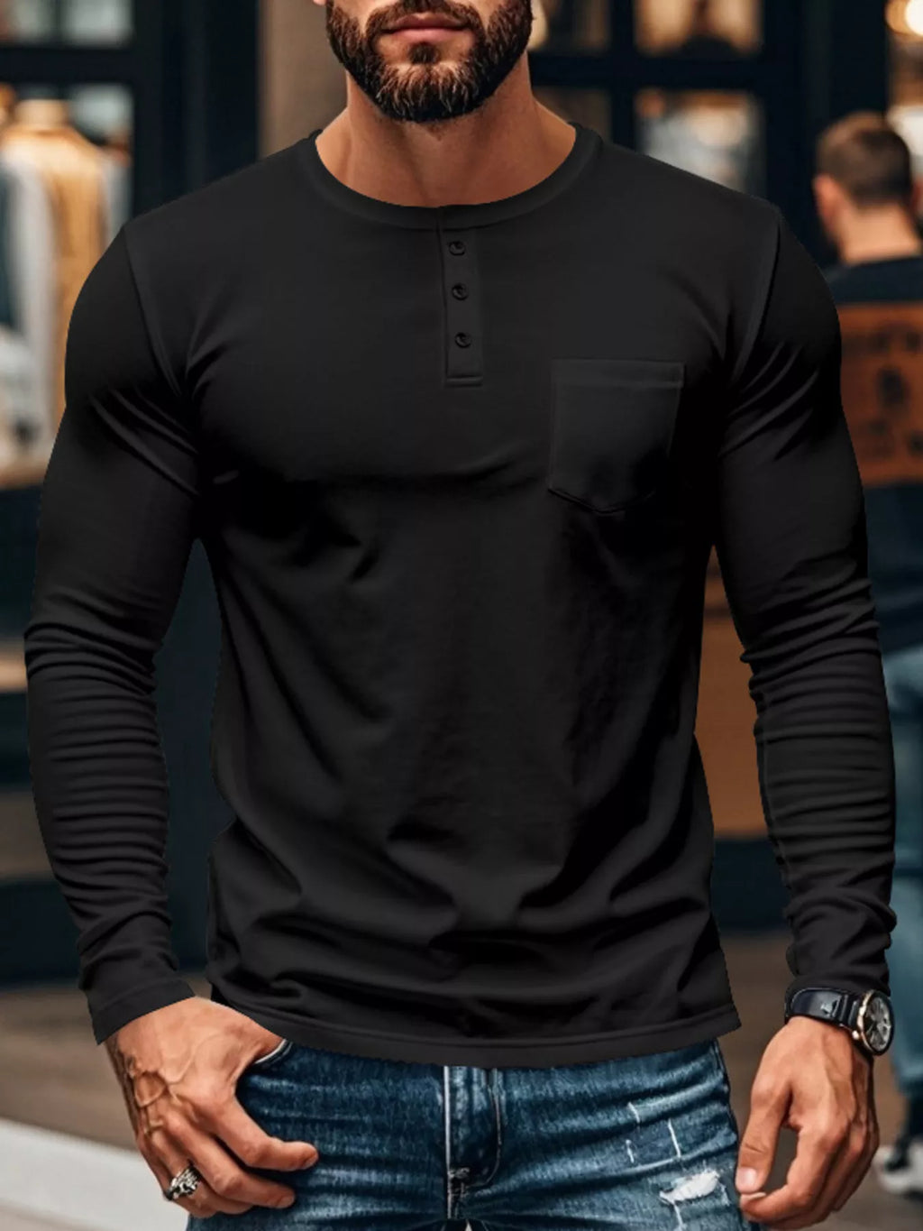 Men's Plus Size Casual Long Sleeve Henley T-Shirt with Pocket