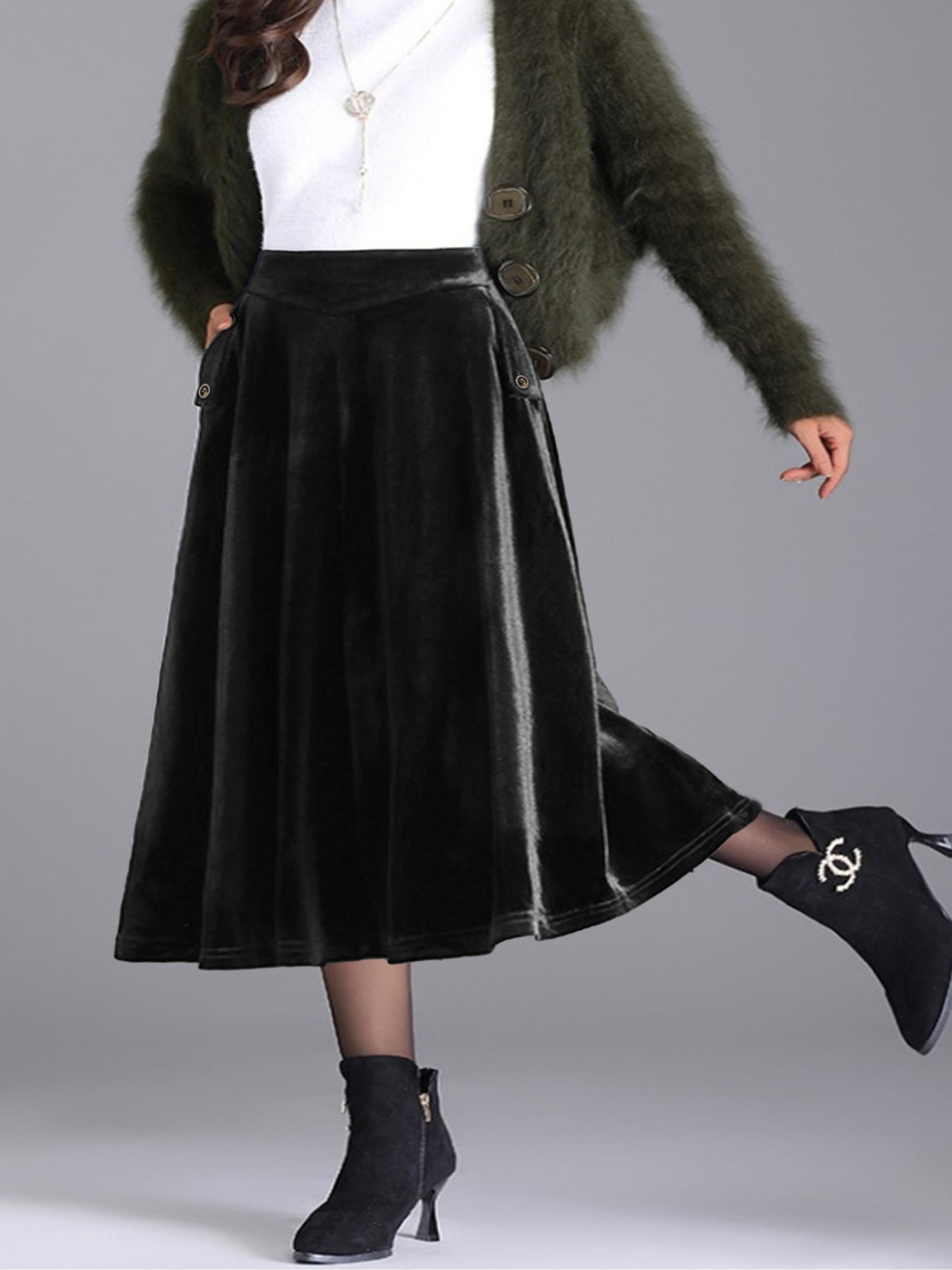 Plus Size Elegant Velvet A-Line Midi Skirt