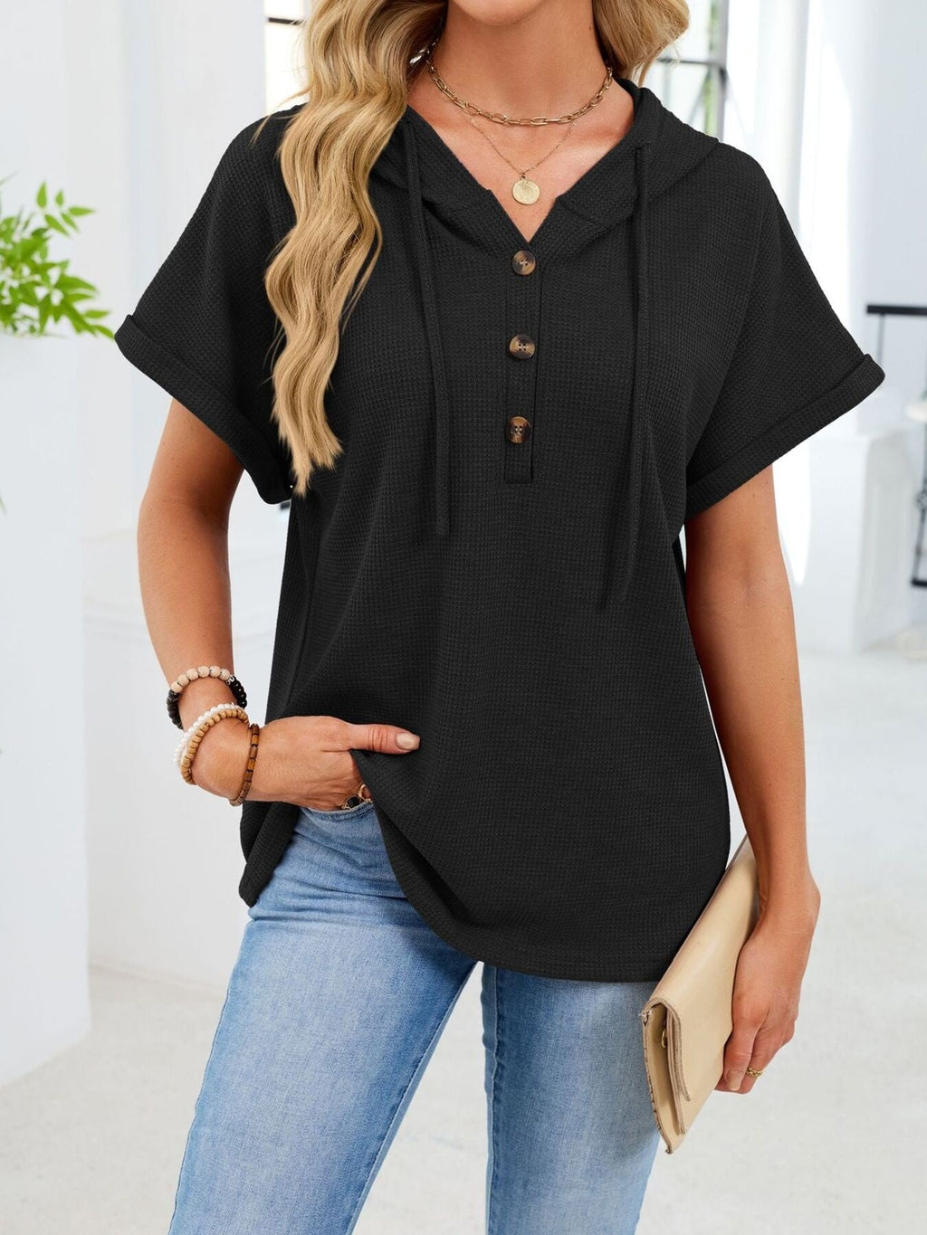 Casual Waffle Knit Button Detail Hooded Top