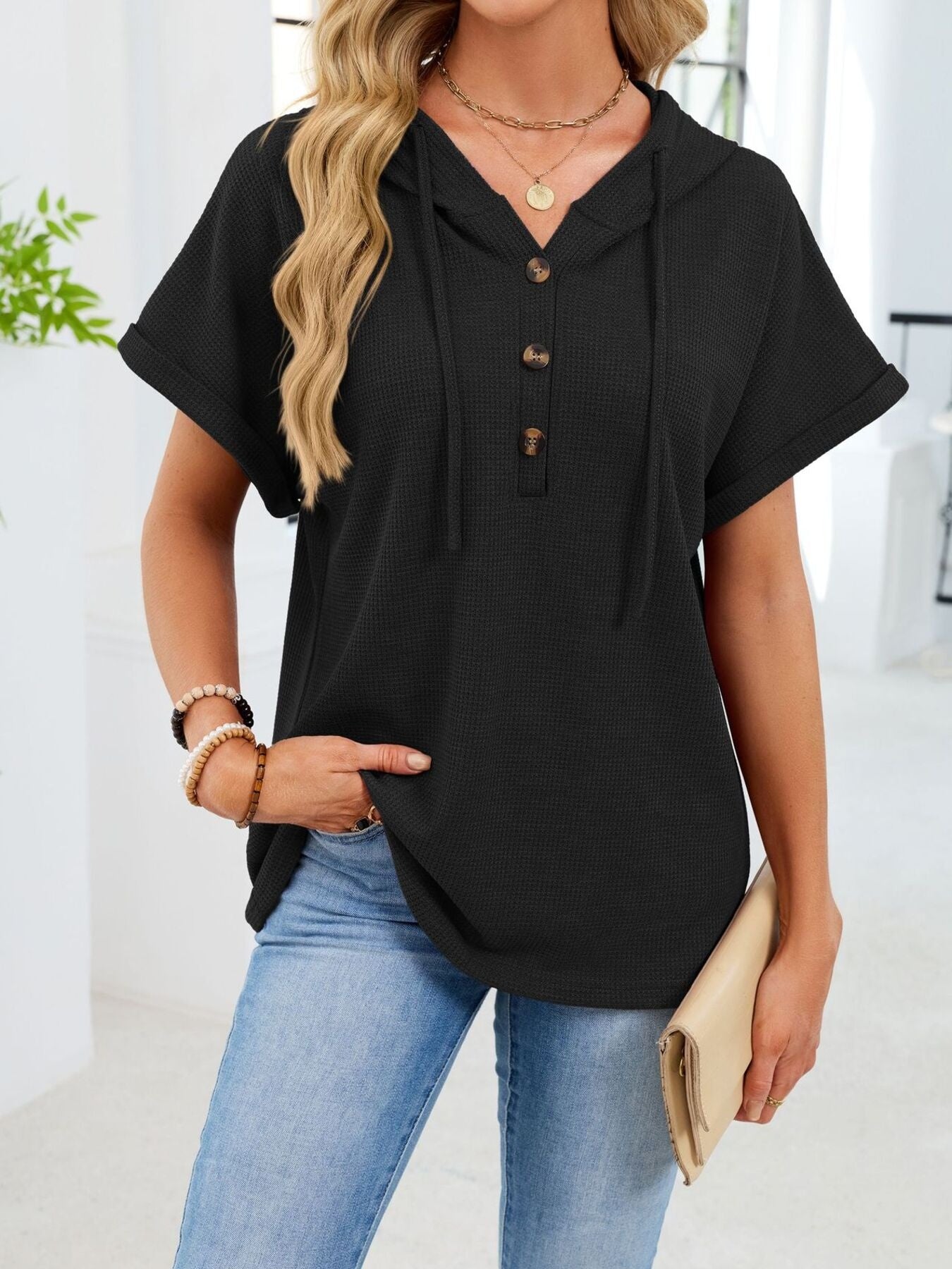 Casual Waffle Knit Button Detail Hooded Top
