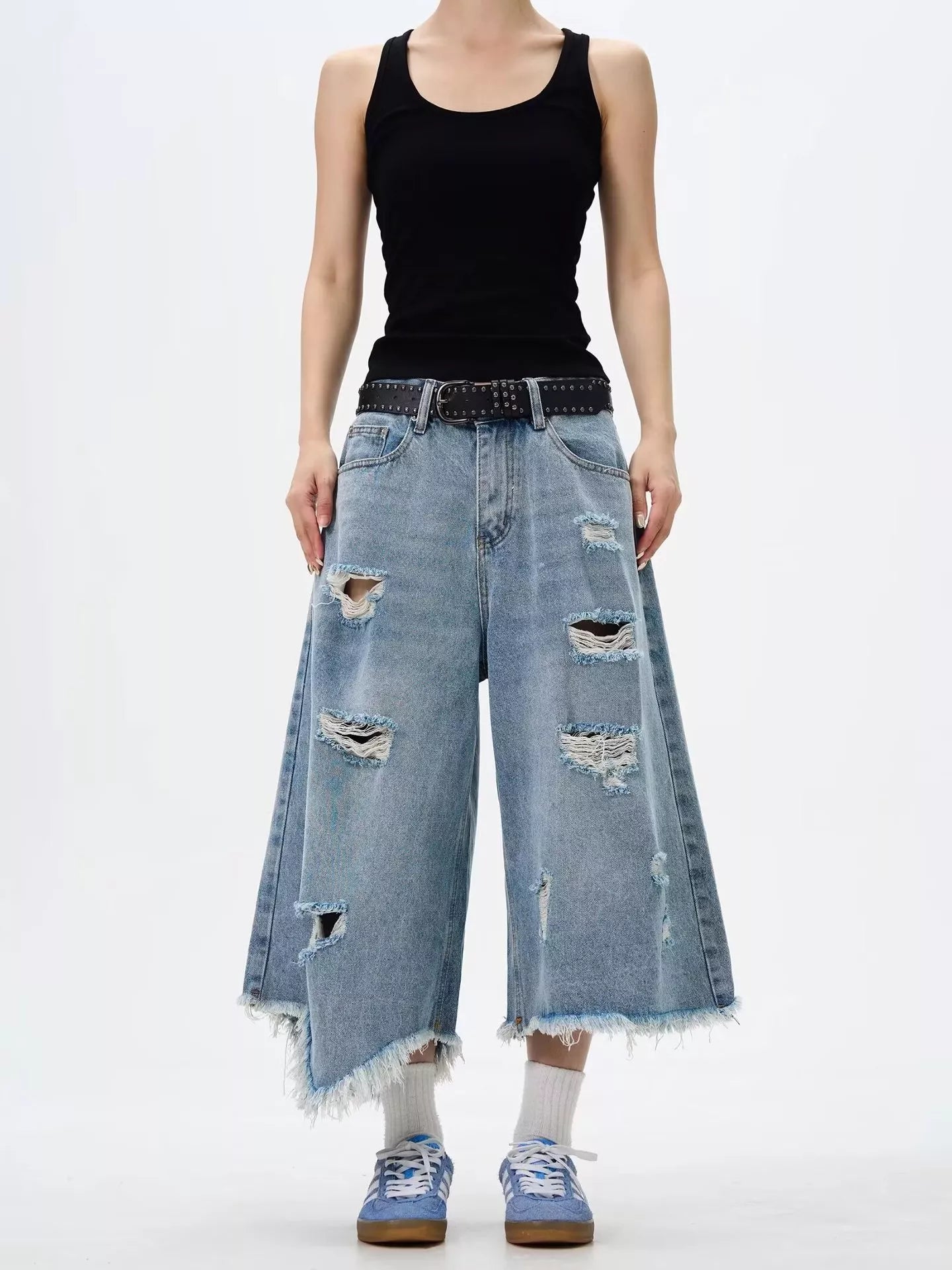Men's Full Size Distressed Raw Hem Wide Leg Jeans Plus Size