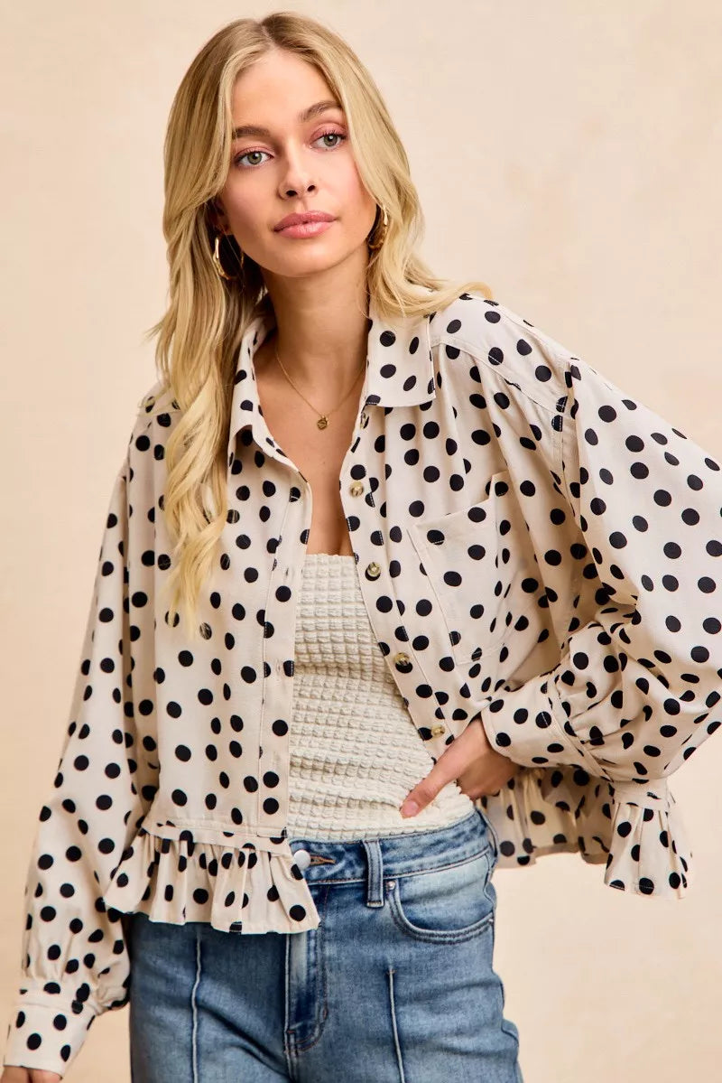 BiBi Crinkle Polka Dot Ruffled Hem Button Up Shirt Top