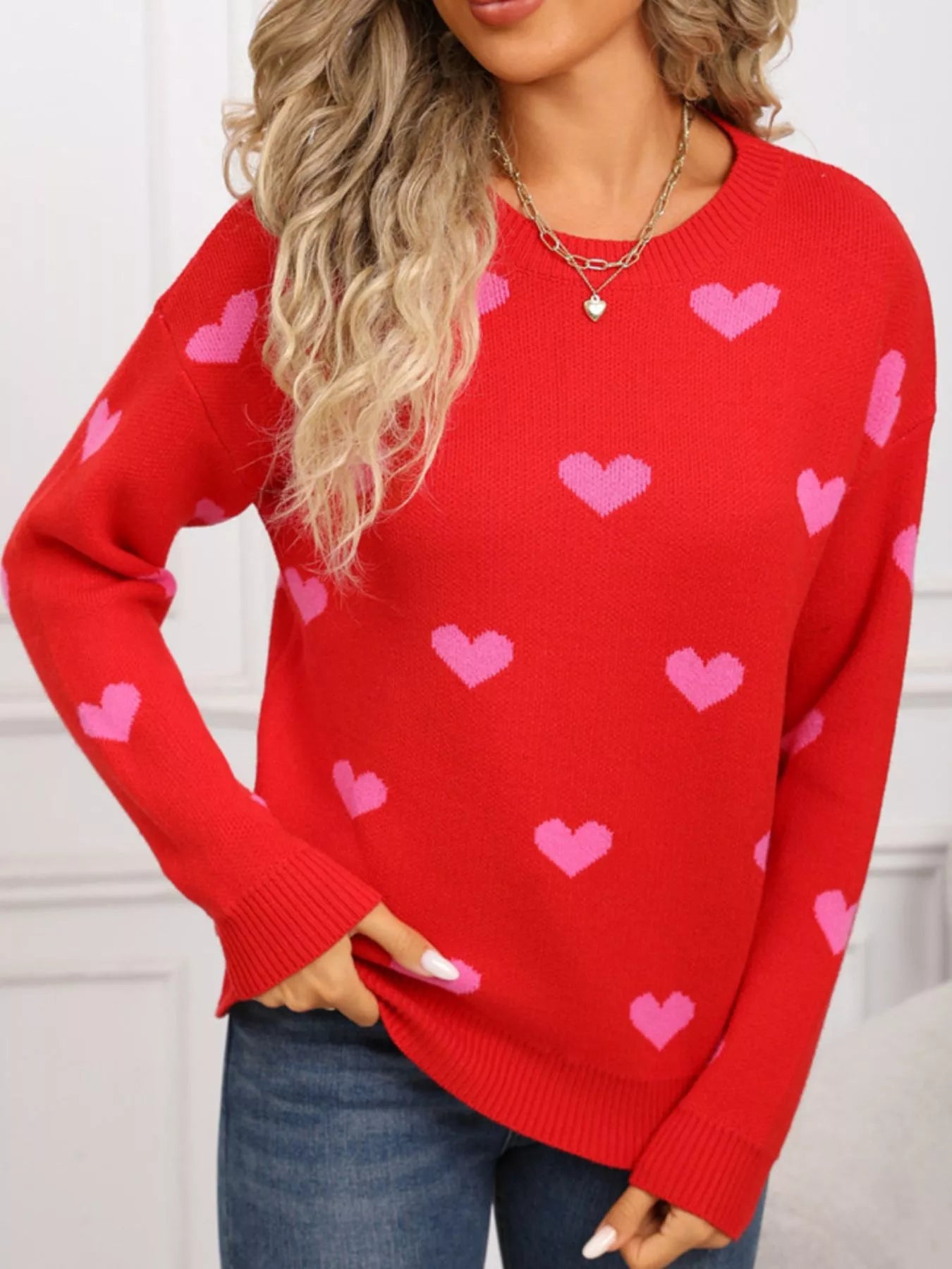 Valentine's Day Heart Pattern Dropped Shoulder Sweater