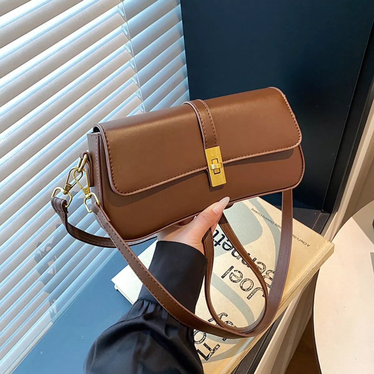 Rectangular Crossbody Bag with Golden Buckle