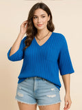 Plus Size V-Neck Ribbed Knit T-Shirt