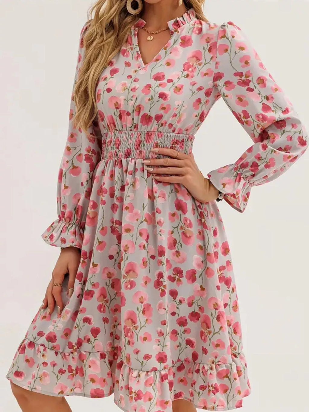 Floral Notched Flounce Sleeve Dress