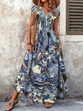 Printed V-Neck Cap Sleeve Maxi Dress