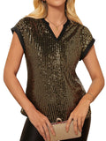 Sequin Notched Cap Sleeve Blouse
