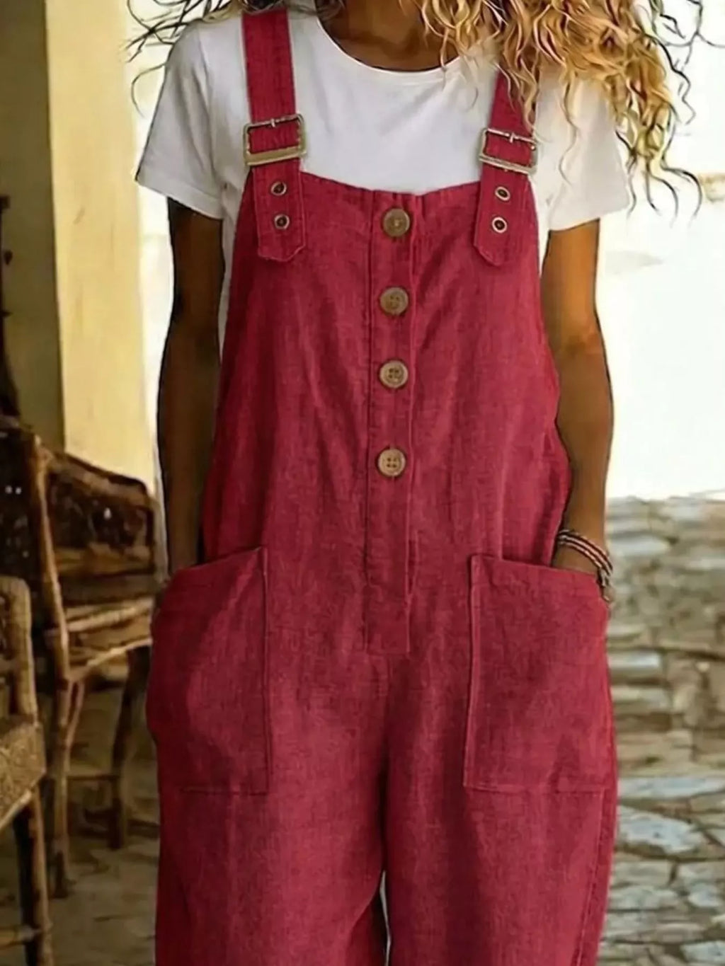 Casual Button Front Wide Leg Overalls