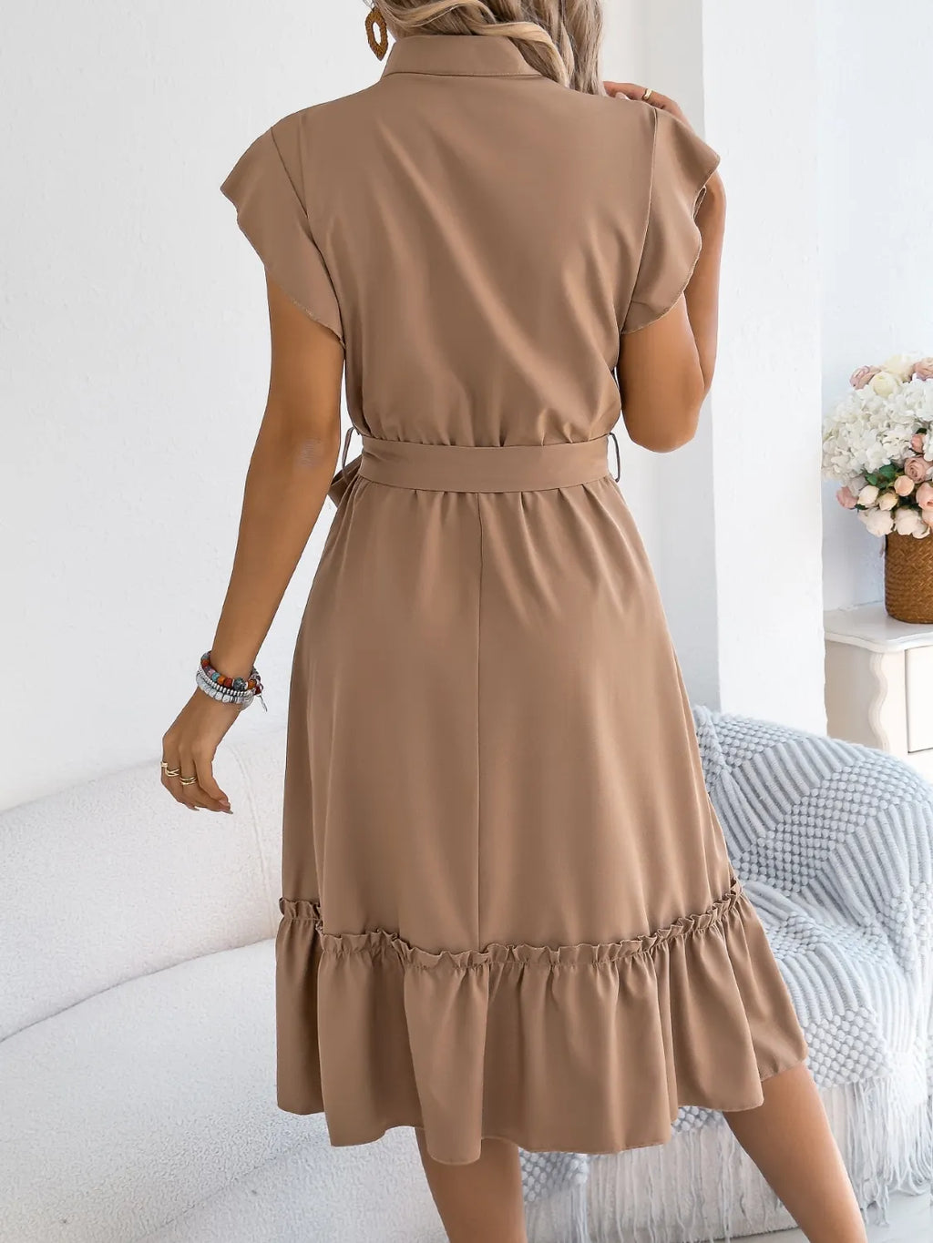 Tie Waist Ruffled Cap Sleeve Dress