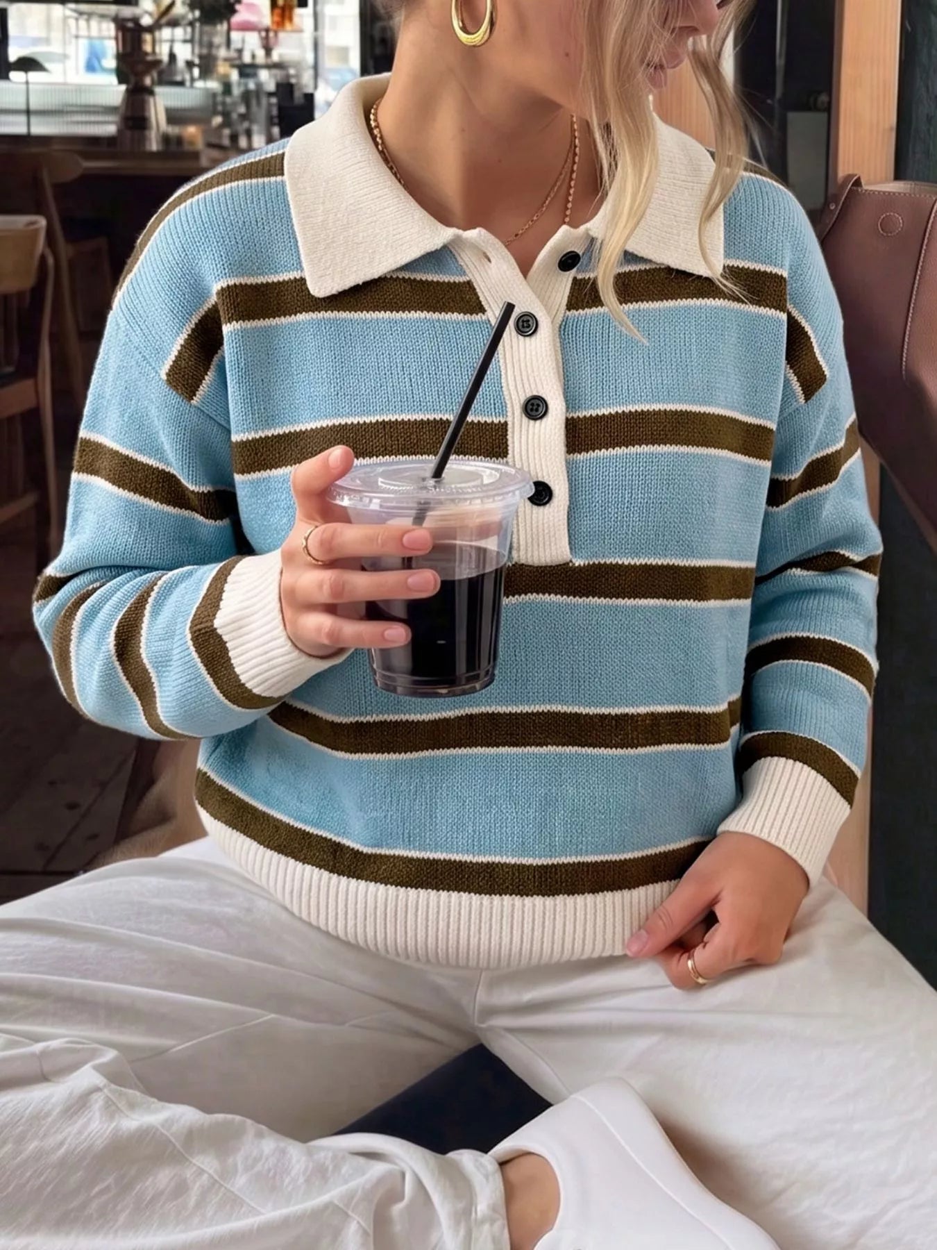 Striped Polo Collar Sweater