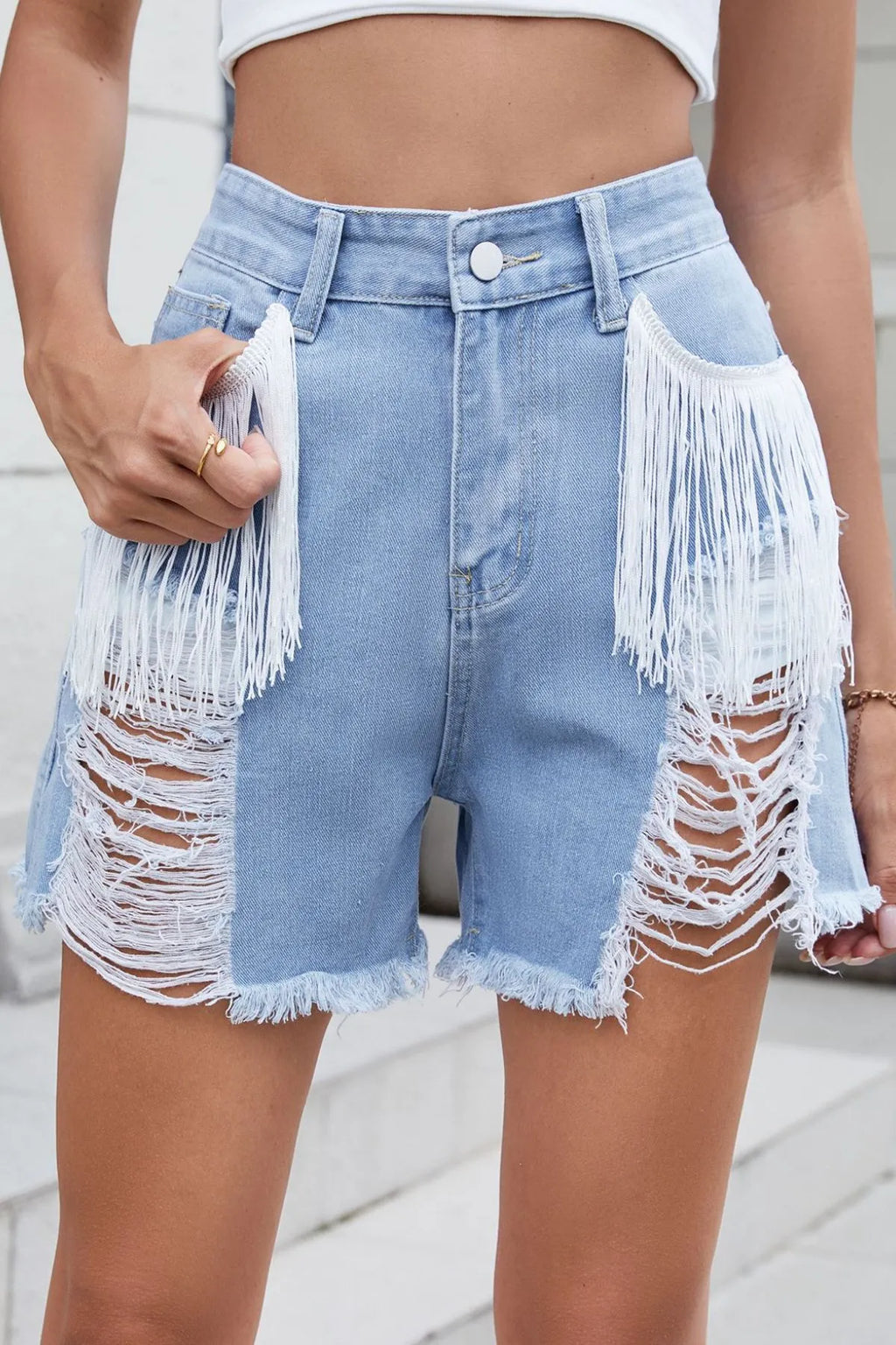 Distressed Fringe Denim Shorts
