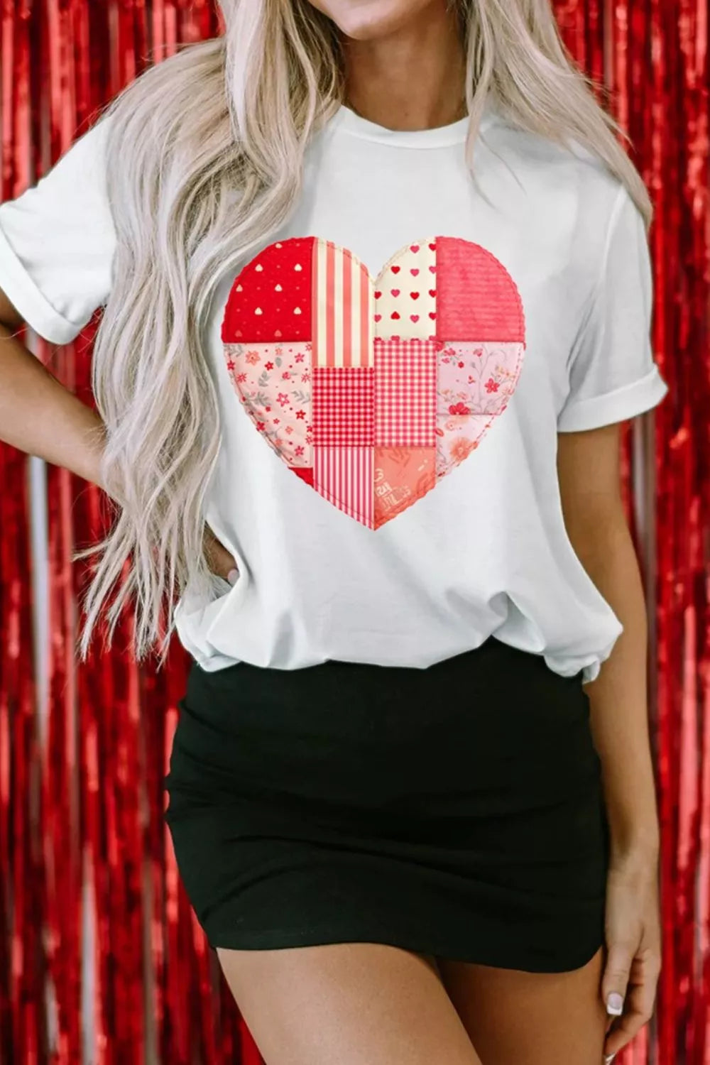 Floral Plaid Mixed Patchwork Heart-shape Graphic T Shirt